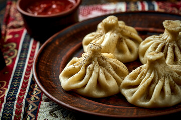 Khinkali with meat filling in a plate. Georgian dumplings in a composition with sauce and vegetables
