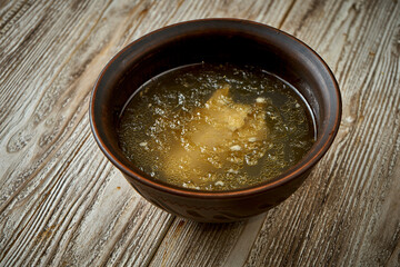 Khash dish of boiled cow or sheep parts, which might include the head, feet, and stomach. Soup hash in bowl