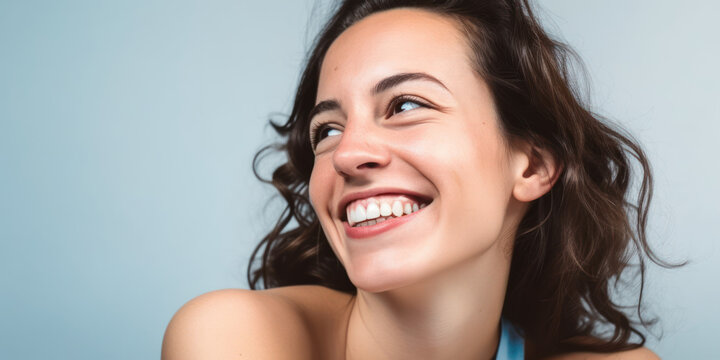 Jeune femme brune cheveux long en gros plan, souriante et rêveuse sur fond bleuté - Générer par IA