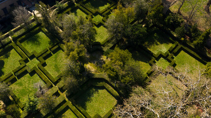  Aerial view of the gardens of Villa Farnese, a pentagonal mansion in Caprarola, near Viterbo,...