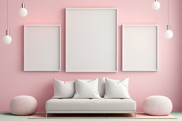Minimalist pink blush room in apartment with three empty clean big poster in white frame. Modern frontal 3d interior with furniture: sofa, pillows, lamp, pouf. Generative AI