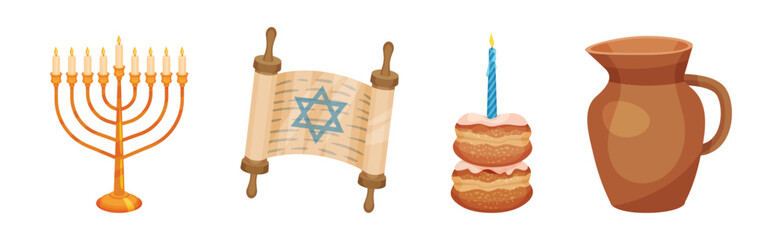 Menorah, Torah Scroll, Pastry and Jug as Hanukkah Symbols for Jewish Holiday Celebration Vector Set