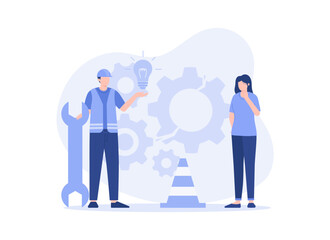 An engineer are maintaining machines, providing ideas and solutions. Modern vector flat illustration