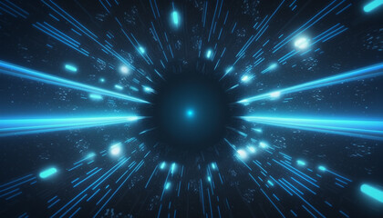 Cosmic background with dark and light blue laser lights, speed of light