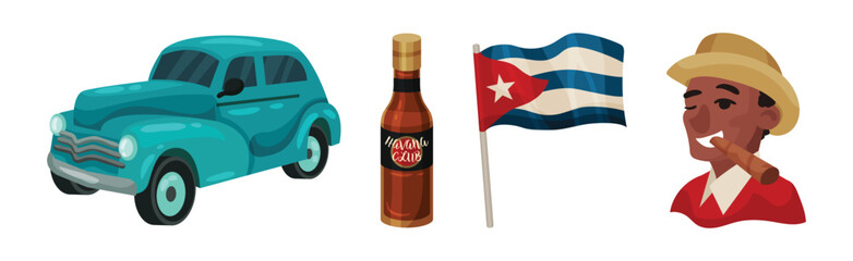 Cuba Symbols with Car, Alcohol Bottle, Flag and Smiling Man Vector Set