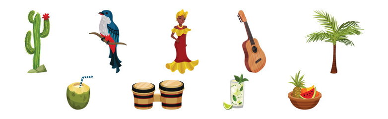Cuba Symbols with Guitar, Palm Tree, Woman in National Dress, Cactus and Trogon Bird Vector Set