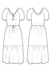 Tiered dress with puff sleeve and drawstring technical drawing / flat sketch /CAD / ADOBE Illustrator vector digital download