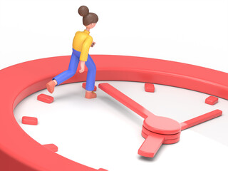 3D illustration of Asian woman Angela in a race against time.3D rendering on white background.
