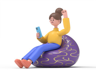 3D illustration of smiling Asian woman Angela in casual clothes sit in bag chair hold use mobile cell phone do winner gesture.3D rendering on white background.
