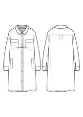 Womens collar shirt dress technical drawing / flat sketch /CAD / ADOBE Illustrator vector digital download