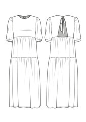 Short puff sleeve tiered maxi dress technical drawing / flat sketch /CAD / ADOBE Illustrator vector digital download