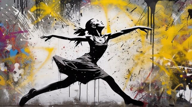 Generative AI, Dancing woman or girl, dynamic motion. Ink paint colorful splashes street graffiti art on a textured paper vintage background, inspired by Banksy.