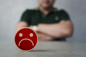 Customer experience dissatisfied. Unhappy man client crossed arms and feedback sadness emotion face...