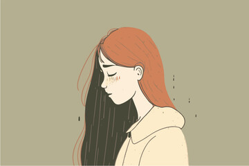 Sad girl. Woman crying. Vector art of depressed person. Hand drawn sketch of cartoon character being unhappy. Heartbroken feelings. Emotions, feeling of pain, hurt. Stressed out isolated person alone 