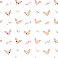Cats seamless pattern, Sphynx cat, MEOW and CAT quotes. Pattern for fabric, wrapping paper, childrens clothing. Vector illustration illustration in a flat style.