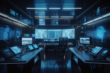 Control room with multiple monitors and large screen. Generative AI.