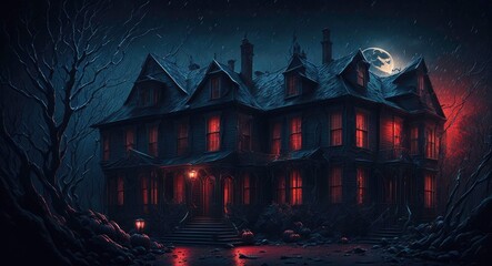 A dark Halloween scary house in the night forest and a big scary moon, concept art, background illustration