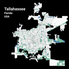 Tallahassee map, capital city of the USA state of Florida. Municipal administrative area map with rivers and roads, parks and railways.
