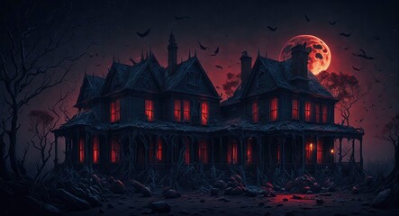 A dark Halloween scary house in the night forest and a big scary moon, concept art, background illustration