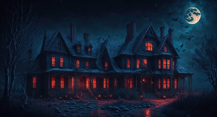 A dark Halloween scary house in the night forest and a big scary moon, concept art, background illustration