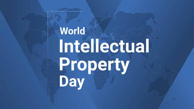 World Intellectual Property Day international holiday card. Poster with earth map, blue gradient lines background, white text.