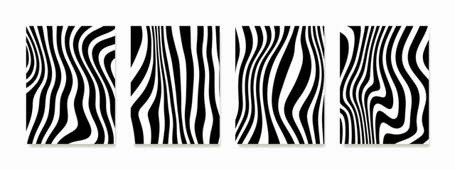 Abstract geometric wall art with wavy, curving black and white stripes. Perfect for interior decor and wall hangings