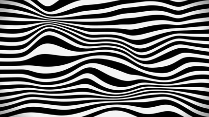 Abstract geometric texture of lines with black and white stripes. Wavy, curving distortion effect creates a bending, warped appearance. Design for banners, ads, posters, and backgrounds.