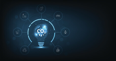 Fototapeta premium Reduce CO2 emissions to limit global warming. Lower CO2 levels with sustainable development of renewable energy, planting tree, and green energy to stop climate change.