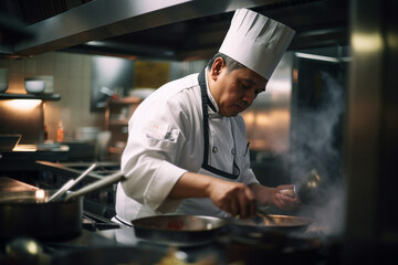 Professional chef cooking in the kitchen restaurant at the hotel, preparing dinner.. generative AI