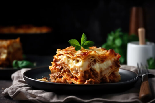 Présentation d'une assiette avec une part de Lasagne bolognaise prêt à déguster, photographie culinaire