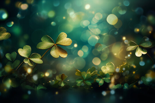 Festive background with shining clover shamrocks and golden bokeh. St. Patrick's Day backdrop. Generative AI illustration