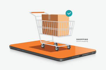 parcel box or cardboard box place in shopping cart or trolley and there is pop up order confirmation icon on box and all display on smartphone screen © John k studio