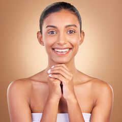 Beauty, skincare and portrait with indian woman in studio for happy, spa detox and facial....
