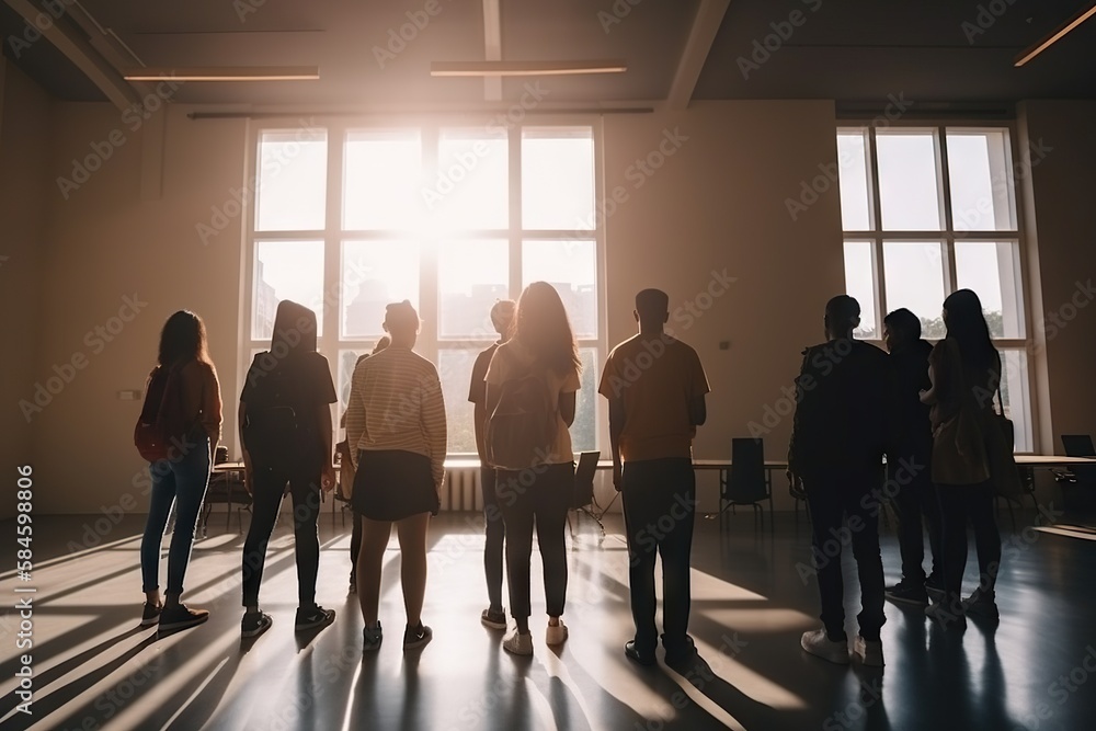 Poster a group of people standing in front of a window in a room dance studio panoramic photography theater