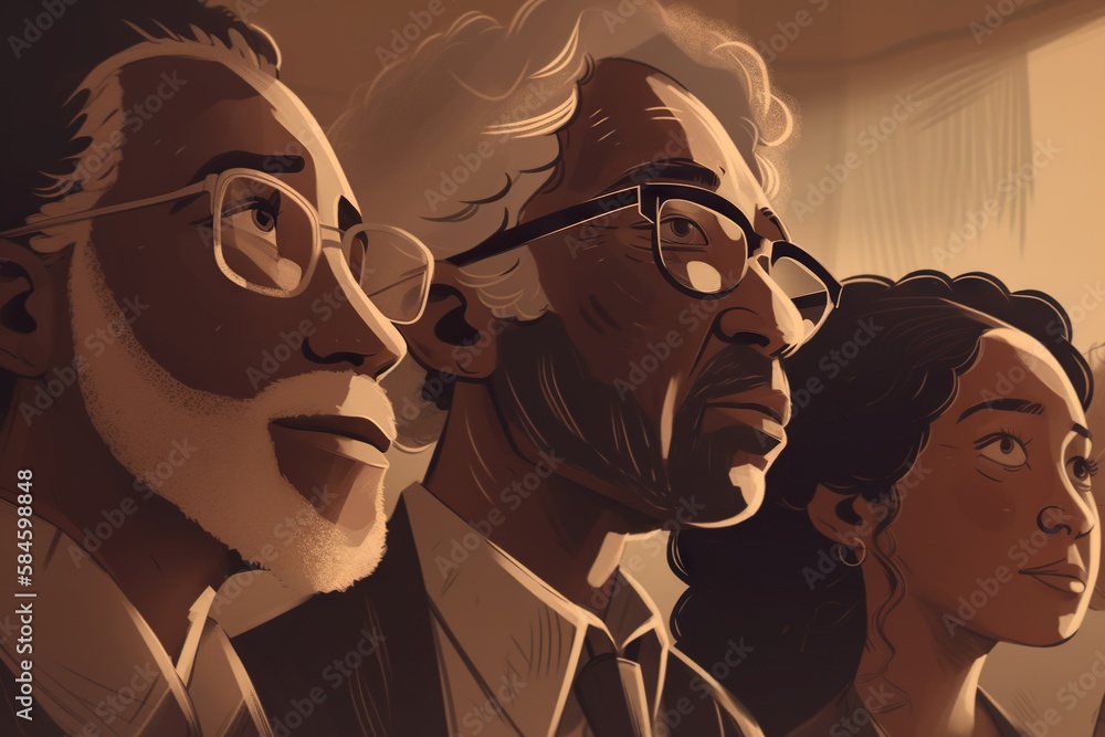 Poster a group of people standing next to each other in front of a window newsroom animation animation film
