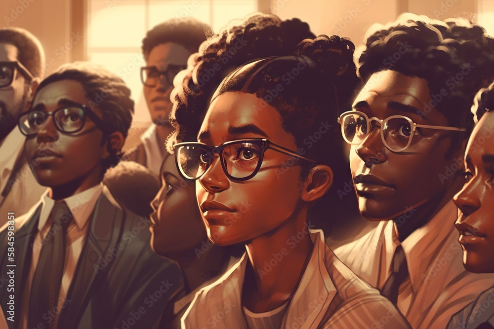Poster a group of people with glasses standing in a line together in front of a window classroom digital ar