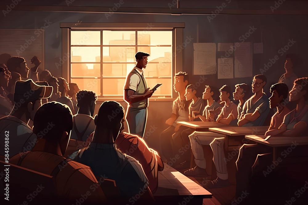 Poster a man standing in front of a group of people in a room classroom animation diversity and inclusion g