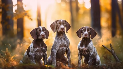Three German Short hair Pointer dogs outdoor portrait against a woodland background.