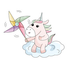 the kawaii flat cute unicorn with the toy windmill on the cloud