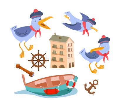 Cute seagulls in form of sailor. Sea objects and building. Isolated funny characters birds, set, collection on white background. Vector illustration for design.