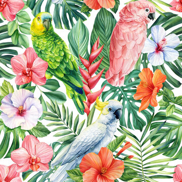 Tropical background with exotic palm leaves, flowers, parrot. Bright background, jungle plants. seamless floral pattern