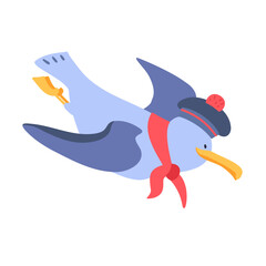 Cute seagull in form of sailor. Isolated funny character on white background. Vector illustration for design.
