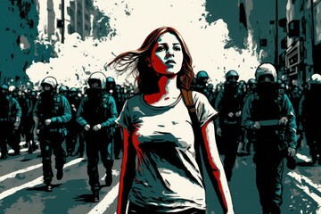 Fototapeta premium Young woman at a mass demonstration with smoke in the background. Generative AI