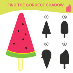 Educational game worksheet for children find the correct shadow silhouette of kawaii cartoon ice creams. Printable worksheet with vector illustrations format. 