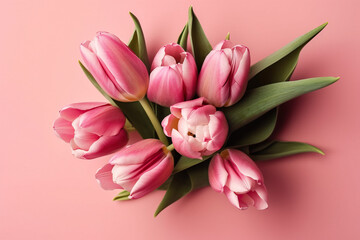 Bouquet of pink tulips flowers on pastel pink background. Beautiful spring flowers composition. Valentine's Day, Easter, Birthday, Happy Women's Day, Mother's Day. Flat, top view, copy space