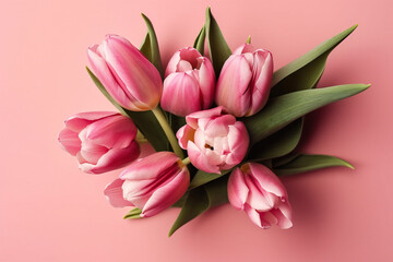 Obraz premium Bouquet of pink tulips flowers on pastel pink background. Beautiful spring flowers composition. Valentine's Day, Easter, Birthday, Happy Women's Day, Mother's Day. Flat, top view, copy space