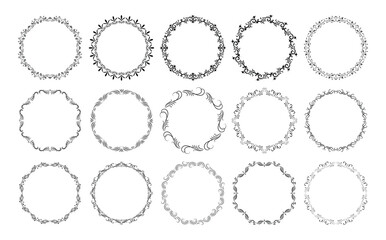 Decorative black circle frames. Retro ornamental frame, vintage round ornaments & ornate border. Rounded wedding frames, antique museum image borders. Isolated vector icons set