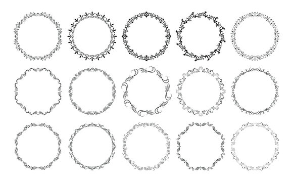 Decorative black circle frames. Retro ornamental frame, vintage round ornaments & ornate border. Rounded wedding frames, antique museum image borders. Isolated vector icons set