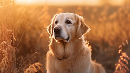 Beautiful golden retriever adult dog in a woodland outdoor sunlit, countryside setting.