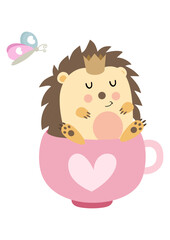 Cute hedgehog with crown on head inside love cup